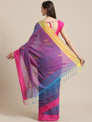 Blue and Purple, Kalakari India Cotton Blue Hand crafted saree with blouse SHBESA0006-Saree-Kalakari India-SHBESA0006-Bengal, Cotton, Geographical Indication, Hand Crafted, Heritage Prints, Ikkat, Natural Dyes, Red, Sarees, Sustainable Fabrics, Woven, Yellow-[Linen,Ethnic,wear,Fashionista,Handloom,Handicraft,Indigo,blockprint,block,print,Cotton,Chanderi,Blue, latest,classy,party,bollywood,trendy,summer,style,traditional,formal,elegant,unique,style,hand,block,print, dabu,booti,gift,present,glamor