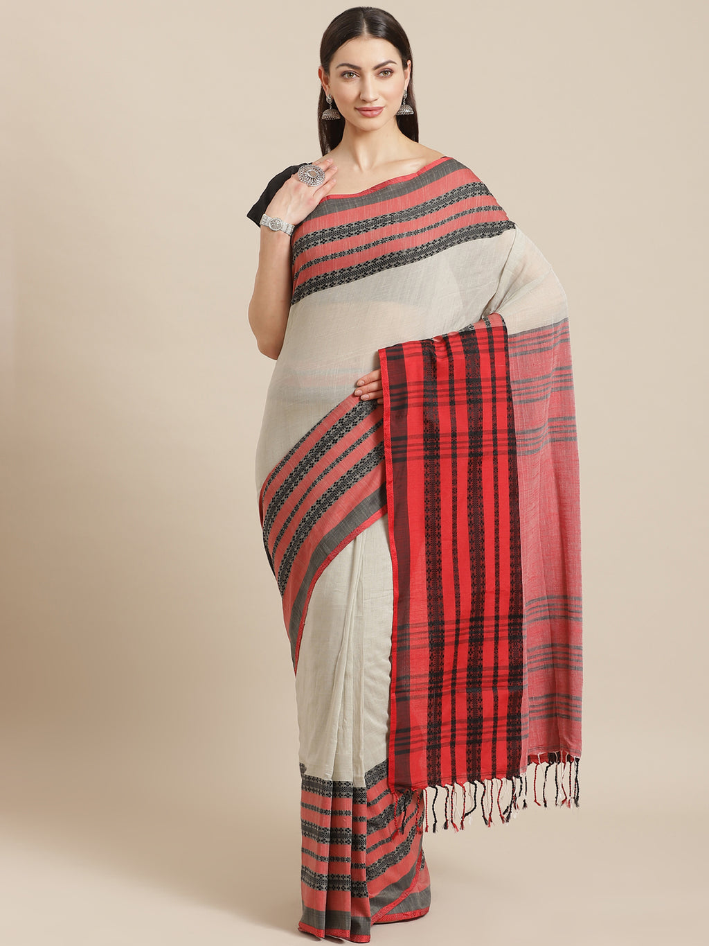 Red and Black, Kalakari India Cotton Red Hand crafted saree with blouse SHBESA0007-Saree-Kalakari India-SHBESA0007-Begumpuri, Bengal, Cotton, Geographical Indication, Hand Crafted, Heritage Prints, Natural Dyes, Red, Sarees, Sustainable Fabrics, Woven, Yellow-[Linen,Ethnic,wear,Fashionista,Handloom,Handicraft,Indigo,blockprint,block,print,Cotton,Chanderi,Blue, latest,classy,party,bollywood,trendy,summer,style,traditional,formal,elegant,unique,style,hand,block,print, dabu,booti,gift,present,glamo