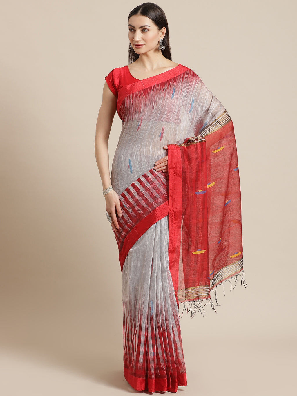 Grey and Red, Kalakari India Cotton Silk Grey Hand crafted saree with blouse SHBESA0008-Saree-Kalakari India-SHBESA0008-Bengal, Cotton, Geographical Indication, Hand Crafted, Heritage Prints, Ikkat, Natural Dyes, Red, Sarees, Sustainable Fabrics, Woven, Yellow-[Linen,Ethnic,wear,Fashionista,Handloom,Handicraft,Indigo,blockprint,block,print,Cotton,Chanderi,Blue, latest,classy,party,bollywood,trendy,summer,style,traditional,formal,elegant,unique,style,hand,block,print, dabu,booti,gift,present,glam