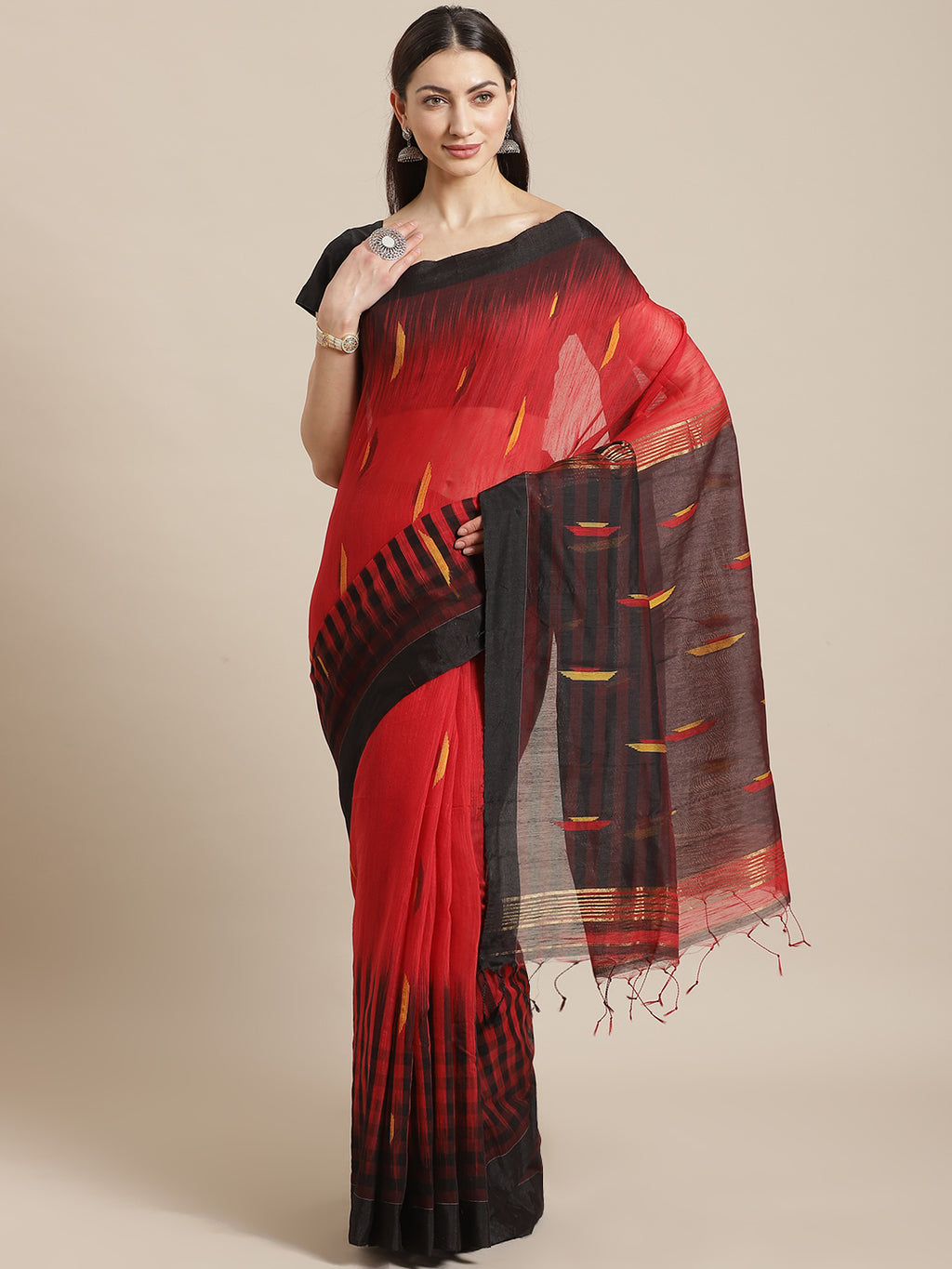 Red and Black, Kalakari India Cotton Silk Red Hand crafted saree with blouse SHBESA0009-Saree-Kalakari India-SHBESA0009-Bengal, Cotton, Geographical Indication, Hand Crafted, Heritage Prints, Ikkat, Natural Dyes, Red, Sarees, Sustainable Fabrics, Woven, Yellow-[Linen,Ethnic,wear,Fashionista,Handloom,Handicraft,Indigo,blockprint,block,print,Cotton,Chanderi,Blue, latest,classy,party,bollywood,trendy,summer,style,traditional,formal,elegant,unique,style,hand,block,print, dabu,booti,gift,present,glam