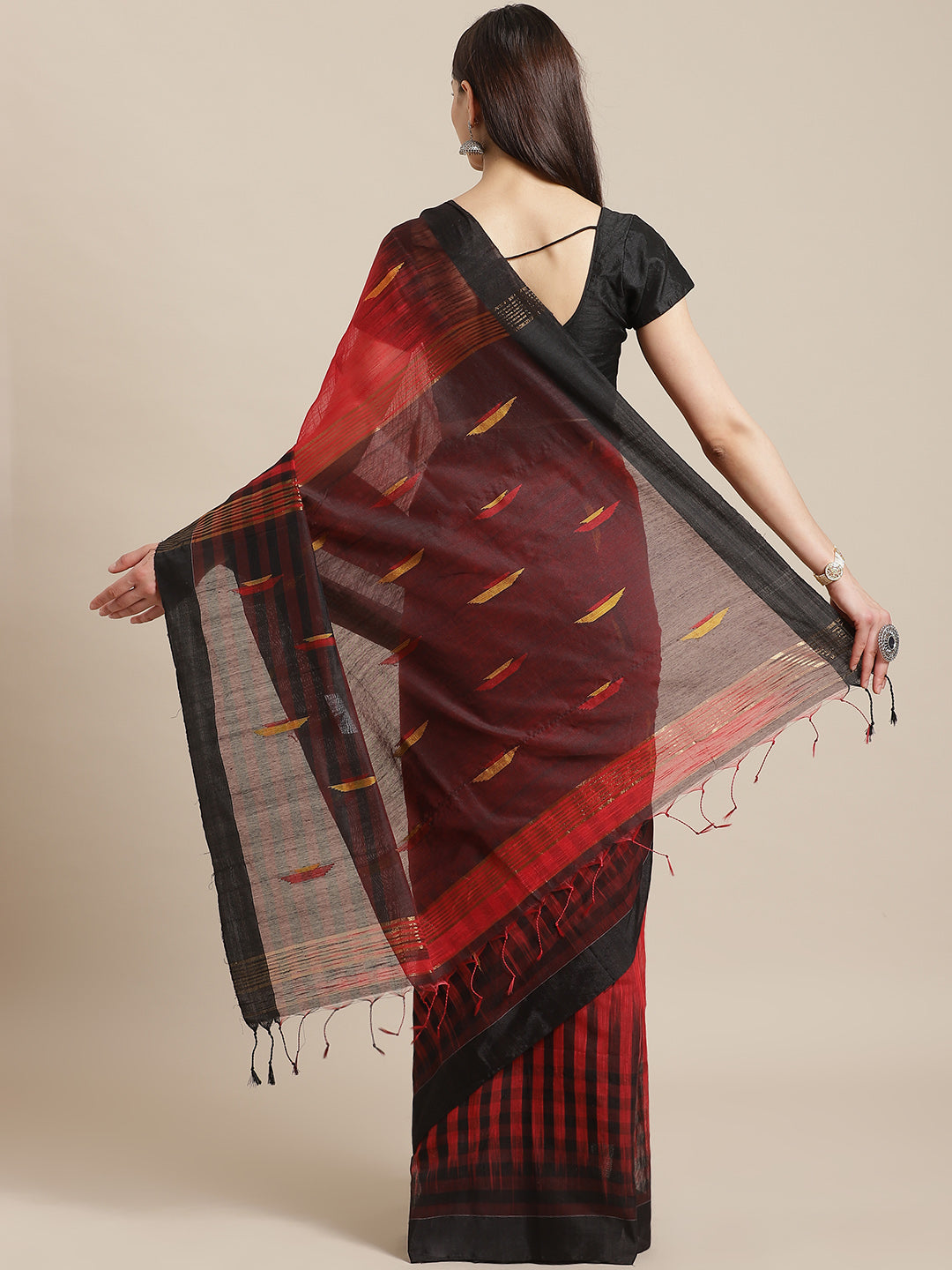 Red and Black, Kalakari India Cotton Silk Red Hand crafted saree with blouse SHBESA0009-Saree-Kalakari India-SHBESA0009-Bengal, Cotton, Geographical Indication, Hand Crafted, Heritage Prints, Ikkat, Natural Dyes, Red, Sarees, Sustainable Fabrics, Woven, Yellow-[Linen,Ethnic,wear,Fashionista,Handloom,Handicraft,Indigo,blockprint,block,print,Cotton,Chanderi,Blue, latest,classy,party,bollywood,trendy,summer,style,traditional,formal,elegant,unique,style,hand,block,print, dabu,booti,gift,present,glam
