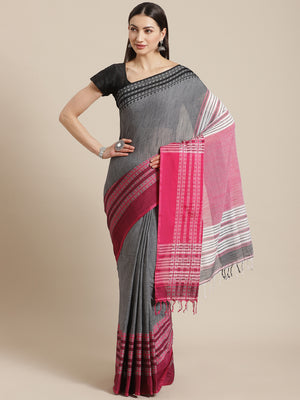 Grey and Pink, Kalakari India Cotton Grey Hand crafted saree with blouse SHBESA0010-Saree-Kalakari India-SHBESA0010-Begumpuri, Bengal, Cotton, Geographical Indication, Hand Crafted, Heritage Prints, Natural Dyes, Red, Sarees, Sustainable Fabrics, Woven, Yellow-[Linen,Ethnic,wear,Fashionista,Handloom,Handicraft,Indigo,blockprint,block,print,Cotton,Chanderi,Blue, latest,classy,party,bollywood,trendy,summer,style,traditional,formal,elegant,unique,style,hand,block,print, dabu,booti,gift,present,glam