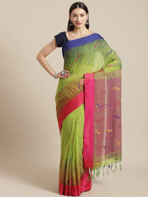 Green and Pink, Kalakari India Cotton Green Hand crafted saree with blouse SHBESA0012-Saree-Kalakari India-SHBESA0012-Bengal, Cotton, Geographical Indication, Hand Crafted, Heritage Prints, Ikkat, Natural Dyes, Red, Sarees, Sustainable Fabrics, Woven, Yellow-[Linen,Ethnic,wear,Fashionista,Handloom,Handicraft,Indigo,blockprint,block,print,Cotton,Chanderi,Blue, latest,classy,party,bollywood,trendy,summer,style,traditional,formal,elegant,unique,style,hand,block,print, dabu,booti,gift,present,glamor