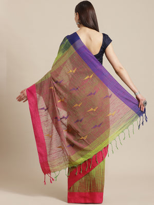 Green and Pink, Kalakari India Cotton Green Hand crafted saree with blouse SHBESA0012-Saree-Kalakari India-SHBESA0012-Bengal, Cotton, Geographical Indication, Hand Crafted, Heritage Prints, Ikkat, Natural Dyes, Red, Sarees, Sustainable Fabrics, Woven, Yellow-[Linen,Ethnic,wear,Fashionista,Handloom,Handicraft,Indigo,blockprint,block,print,Cotton,Chanderi,Blue, latest,classy,party,bollywood,trendy,summer,style,traditional,formal,elegant,unique,style,hand,block,print, dabu,booti,gift,present,glamor