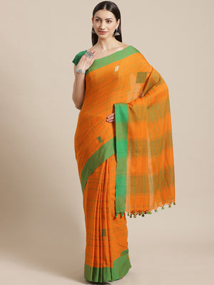 Orange and Green, Kalakari India Cotton Orange Hand crafted saree with blouse SHBESA0014-Saree-Kalakari India-SHBESA0014-Bengal, Cotton, Geographical Indication, Hand Crafted, Heritage Prints, Ikkat, Natural Dyes, Red, Sarees, Sustainable Fabrics, Woven, Yellow-[Linen,Ethnic,wear,Fashionista,Handloom,Handicraft,Indigo,blockprint,block,print,Cotton,Chanderi,Blue, latest,classy,party,bollywood,trendy,summer,style,traditional,formal,elegant,unique,style,hand,block,print, dabu,booti,gift,present,gla
