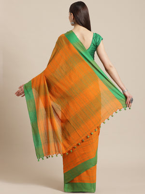 Orange and Green, Kalakari India Cotton Orange Hand crafted saree with blouse SHBESA0014-Saree-Kalakari India-SHBESA0014-Bengal, Cotton, Geographical Indication, Hand Crafted, Heritage Prints, Ikkat, Natural Dyes, Red, Sarees, Sustainable Fabrics, Woven, Yellow-[Linen,Ethnic,wear,Fashionista,Handloom,Handicraft,Indigo,blockprint,block,print,Cotton,Chanderi,Blue, latest,classy,party,bollywood,trendy,summer,style,traditional,formal,elegant,unique,style,hand,block,print, dabu,booti,gift,present,gla