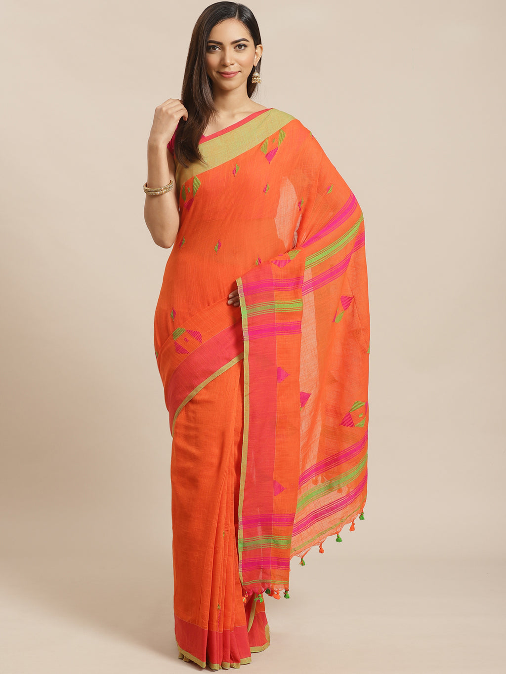 Orange and Green, Kalakari India Cotton Orange Hand crafted saree with blouse SHBESA0015-Saree-Kalakari India-SHBESA0015-Bengal, Cotton, Geographical Indication, Hand Crafted, Heritage Prints, Ikkat, Natural Dyes, Red, Sarees, Sustainable Fabrics, Woven, Yellow-[Linen,Ethnic,wear,Fashionista,Handloom,Handicraft,Indigo,blockprint,block,print,Cotton,Chanderi,Blue, latest,classy,party,bollywood,trendy,summer,style,traditional,formal,elegant,unique,style,hand,block,print, dabu,booti,gift,present,gla