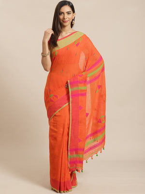 Orange and Green, Kalakari India Cotton Orange Hand crafted saree with blouse SHBESA0015-Saree-Kalakari India-SHBESA0015-Bengal, Cotton, Geographical Indication, Hand Crafted, Heritage Prints, Ikkat, Natural Dyes, Red, Sarees, Sustainable Fabrics, Woven, Yellow-[Linen,Ethnic,wear,Fashionista,Handloom,Handicraft,Indigo,blockprint,block,print,Cotton,Chanderi,Blue, latest,classy,party,bollywood,trendy,summer,style,traditional,formal,elegant,unique,style,hand,block,print, dabu,booti,gift,present,gla