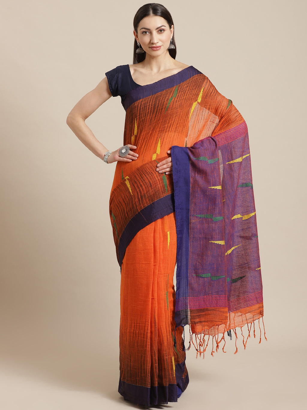 Orange and Purple, Kalakari India Cotton Orange Hand crafted saree with blouse SHBESA0018-Saree-Kalakari India-SHBESA0018-Bengal, Cotton, Geographical Indication, Hand Crafted, Heritage Prints, Ikkat, Natural Dyes, Red, Sarees, Sustainable Fabrics, Woven, Yellow-[Linen,Ethnic,wear,Fashionista,Handloom,Handicraft,Indigo,blockprint,block,print,Cotton,Chanderi,Blue, latest,classy,party,bollywood,trendy,summer,style,traditional,formal,elegant,unique,style,hand,block,print, dabu,booti,gift,present,gl
