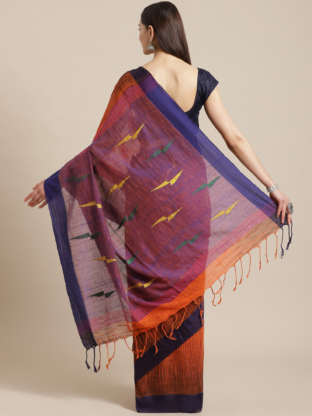Orange and Purple, Kalakari India Cotton Orange Hand crafted saree with blouse SHBESA0018-Saree-Kalakari India-SHBESA0018-Bengal, Cotton, Geographical Indication, Hand Crafted, Heritage Prints, Ikkat, Natural Dyes, Red, Sarees, Sustainable Fabrics, Woven, Yellow-[Linen,Ethnic,wear,Fashionista,Handloom,Handicraft,Indigo,blockprint,block,print,Cotton,Chanderi,Blue, latest,classy,party,bollywood,trendy,summer,style,traditional,formal,elegant,unique,style,hand,block,print, dabu,booti,gift,present,gl