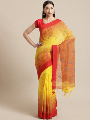 Yellow and Orange, Kalakari India Cotton Yellow Hand crafted saree with blouse SHBESA0019-Saree-Kalakari India-SHBESA0019-Bengal, Cotton, Geographical Indication, Hand Crafted, Heritage Prints, Ikkat, Natural Dyes, Red, Sarees, Sustainable Fabrics, Woven, Yellow-[Linen,Ethnic,wear,Fashionista,Handloom,Handicraft,Indigo,blockprint,block,print,Cotton,Chanderi,Blue, latest,classy,party,bollywood,trendy,summer,style,traditional,formal,elegant,unique,style,hand,block,print, dabu,booti,gift,present,gl