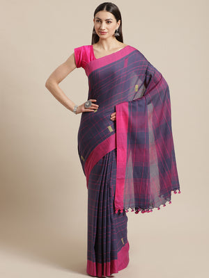 Purple and Blue, Kalakari India Cotton Purple Hand crafted saree with blouse SHBESA0020-Saree-Kalakari India-SHBESA0020-Bengal, Cotton, Geographical Indication, Hand Crafted, Heritage Prints, Ikkat, Natural Dyes, Red, Sarees, Sustainable Fabrics, Woven, Yellow-[Linen,Ethnic,wear,Fashionista,Handloom,Handicraft,Indigo,blockprint,block,print,Cotton,Chanderi,Blue, latest,classy,party,bollywood,trendy,summer,style,traditional,formal,elegant,unique,style,hand,block,print, dabu,booti,gift,present,glam