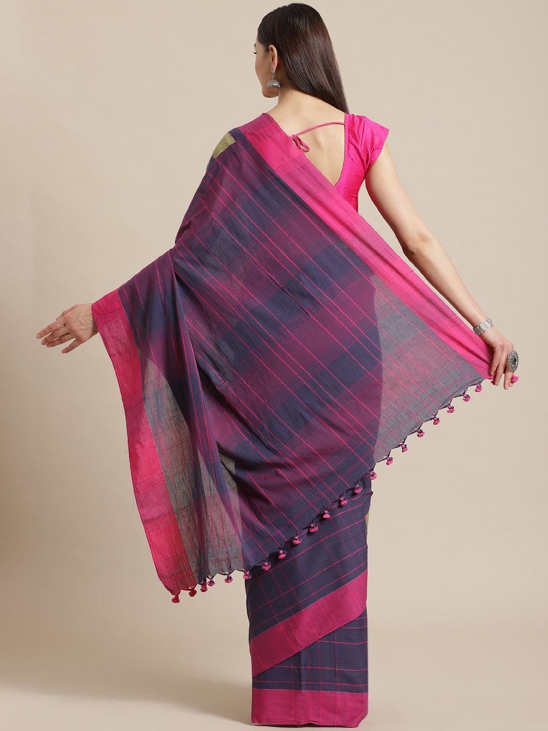 Purple and Blue, Kalakari India Cotton Purple Hand crafted saree with blouse SHBESA0020-Saree-Kalakari India-SHBESA0020-Bengal, Cotton, Geographical Indication, Hand Crafted, Heritage Prints, Ikkat, Natural Dyes, Red, Sarees, Sustainable Fabrics, Woven, Yellow-[Linen,Ethnic,wear,Fashionista,Handloom,Handicraft,Indigo,blockprint,block,print,Cotton,Chanderi,Blue, latest,classy,party,bollywood,trendy,summer,style,traditional,formal,elegant,unique,style,hand,block,print, dabu,booti,gift,present,glam