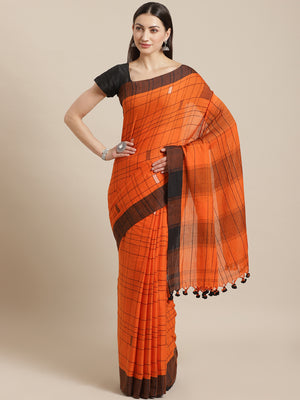 Orange and Black, Kalakari India Cotton Orange Hand crafted saree with blouse SHBESA0021-Saree-Kalakari India-SHBESA0021-Bengal, Cotton, Geographical Indication, Hand Crafted, Heritage Prints, Ikkat, Natural Dyes, Red, Sarees, Sustainable Fabrics, Woven, Yellow-[Linen,Ethnic,wear,Fashionista,Handloom,Handicraft,Indigo,blockprint,block,print,Cotton,Chanderi,Blue, latest,classy,party,bollywood,trendy,summer,style,traditional,formal,elegant,unique,style,hand,block,print, dabu,booti,gift,present,gla