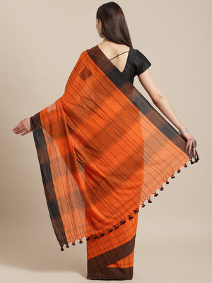 Orange and Black, Kalakari India Cotton Orange Hand crafted saree with blouse SHBESA0021-Saree-Kalakari India-SHBESA0021-Bengal, Cotton, Geographical Indication, Hand Crafted, Heritage Prints, Ikkat, Natural Dyes, Red, Sarees, Sustainable Fabrics, Woven, Yellow-[Linen,Ethnic,wear,Fashionista,Handloom,Handicraft,Indigo,blockprint,block,print,Cotton,Chanderi,Blue, latest,classy,party,bollywood,trendy,summer,style,traditional,formal,elegant,unique,style,hand,block,print, dabu,booti,gift,present,gla