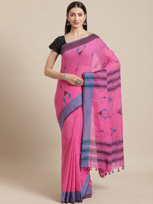 Pink and Magenta, Kalakari India Cotton Pink Hand crafted saree with blouse SHBESA0022-Saree-Kalakari India-SHBESA0022-Bengal, Cotton, Geographical Indication, Hand Crafted, Heritage Prints, Ikkat, Natural Dyes, Red, Sarees, Sustainable Fabrics, Woven, Yellow-[Linen,Ethnic,wear,Fashionista,Handloom,Handicraft,Indigo,blockprint,block,print,Cotton,Chanderi,Blue, latest,classy,party,bollywood,trendy,summer,style,traditional,formal,elegant,unique,style,hand,block,print, dabu,booti,gift,present,glamo