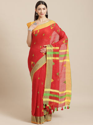Red and Yellow, Kalakari India Cotton Red Hand crafted saree with blouse SHBESA0023-Saree-Kalakari India-SHBESA0023-Bengal, Cotton, Geographical Indication, Hand Crafted, Heritage Prints, Ikkat, Natural Dyes, Red, Sarees, Sustainable Fabrics, Woven, Yellow-[Linen,Ethnic,wear,Fashionista,Handloom,Handicraft,Indigo,blockprint,block,print,Cotton,Chanderi,Blue, latest,classy,party,bollywood,trendy,summer,style,traditional,formal,elegant,unique,style,hand,block,print, dabu,booti,gift,present,glamorou