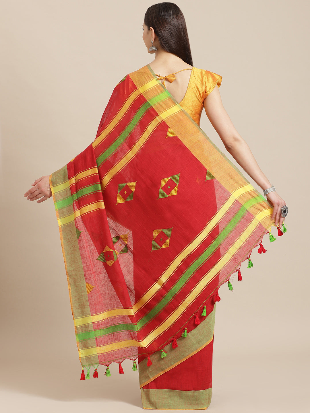 Red and Yellow, Kalakari India Cotton Red Hand crafted saree with blouse SHBESA0023-Saree-Kalakari India-SHBESA0023-Bengal, Cotton, Geographical Indication, Hand Crafted, Heritage Prints, Ikkat, Natural Dyes, Red, Sarees, Sustainable Fabrics, Woven, Yellow-[Linen,Ethnic,wear,Fashionista,Handloom,Handicraft,Indigo,blockprint,block,print,Cotton,Chanderi,Blue, latest,classy,party,bollywood,trendy,summer,style,traditional,formal,elegant,unique,style,hand,block,print, dabu,booti,gift,present,glamorou