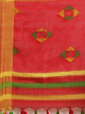 Red and Yellow, Kalakari India Cotton Red Hand crafted saree with blouse SHBESA0023-Saree-Kalakari India-SHBESA0023-Bengal, Cotton, Geographical Indication, Hand Crafted, Heritage Prints, Ikkat, Natural Dyes, Red, Sarees, Sustainable Fabrics, Woven, Yellow-[Linen,Ethnic,wear,Fashionista,Handloom,Handicraft,Indigo,blockprint,block,print,Cotton,Chanderi,Blue, latest,classy,party,bollywood,trendy,summer,style,traditional,formal,elegant,unique,style,hand,block,print, dabu,booti,gift,present,glamorou