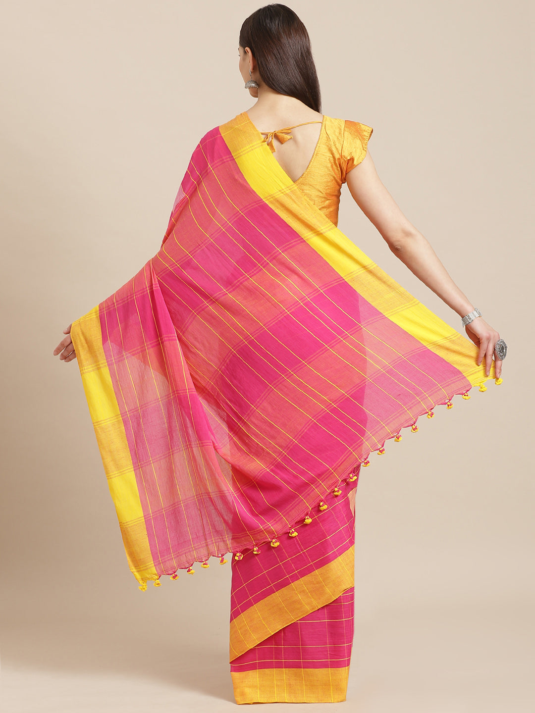 Pink and Yellow, Kalakari India Cotton Pink Hand crafted saree with blouse SHBESA0025-Saree-Kalakari India-SHBESA0025-Bengal, Cotton, Geographical Indication, Hand Crafted, Heritage Prints, Ikkat, Natural Dyes, Red, Sarees, Sustainable Fabrics, Woven, Yellow-[Linen,Ethnic,wear,Fashionista,Handloom,Handicraft,Indigo,blockprint,block,print,Cotton,Chanderi,Blue, latest,classy,party,bollywood,trendy,summer,style,traditional,formal,elegant,unique,style,hand,block,print, dabu,booti,gift,present,glamor