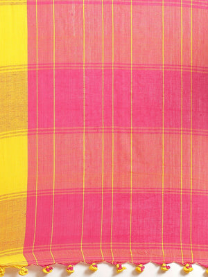 Pink and Yellow, Kalakari India Cotton Pink Hand crafted saree with blouse SHBESA0025-Saree-Kalakari India-SHBESA0025-Bengal, Cotton, Geographical Indication, Hand Crafted, Heritage Prints, Ikkat, Natural Dyes, Red, Sarees, Sustainable Fabrics, Woven, Yellow-[Linen,Ethnic,wear,Fashionista,Handloom,Handicraft,Indigo,blockprint,block,print,Cotton,Chanderi,Blue, latest,classy,party,bollywood,trendy,summer,style,traditional,formal,elegant,unique,style,hand,block,print, dabu,booti,gift,present,glamor