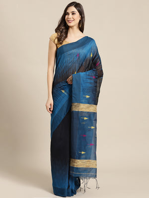Blue and Tan, Kalakari India Ikat Silk Cotton Woven Design Saree with Blouse SHBESA0030-Saree-Kalakari India-SHBESA0030-Bengal, Cotton, Geographical Indication, Hand Crafted, Heritage Prints, Ikkat, Natural Dyes, Red, Sarees, Sustainable Fabrics, Woven, Yellow-[Linen,Ethnic,wear,Fashionista,Handloom,Handicraft,Indigo,blockprint,block,print,Cotton,Chanderi,Blue, latest,classy,party,bollywood,trendy,summer,style,traditional,formal,elegant,unique,style,hand,block,print, dabu,booti,gift,present,glam