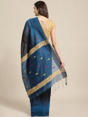 Blue and Tan, Kalakari India Ikat Silk Cotton Woven Design Saree with Blouse SHBESA0030-Saree-Kalakari India-SHBESA0030-Bengal, Cotton, Geographical Indication, Hand Crafted, Heritage Prints, Ikkat, Natural Dyes, Red, Sarees, Sustainable Fabrics, Woven, Yellow-[Linen,Ethnic,wear,Fashionista,Handloom,Handicraft,Indigo,blockprint,block,print,Cotton,Chanderi,Blue, latest,classy,party,bollywood,trendy,summer,style,traditional,formal,elegant,unique,style,hand,block,print, dabu,booti,gift,present,glam