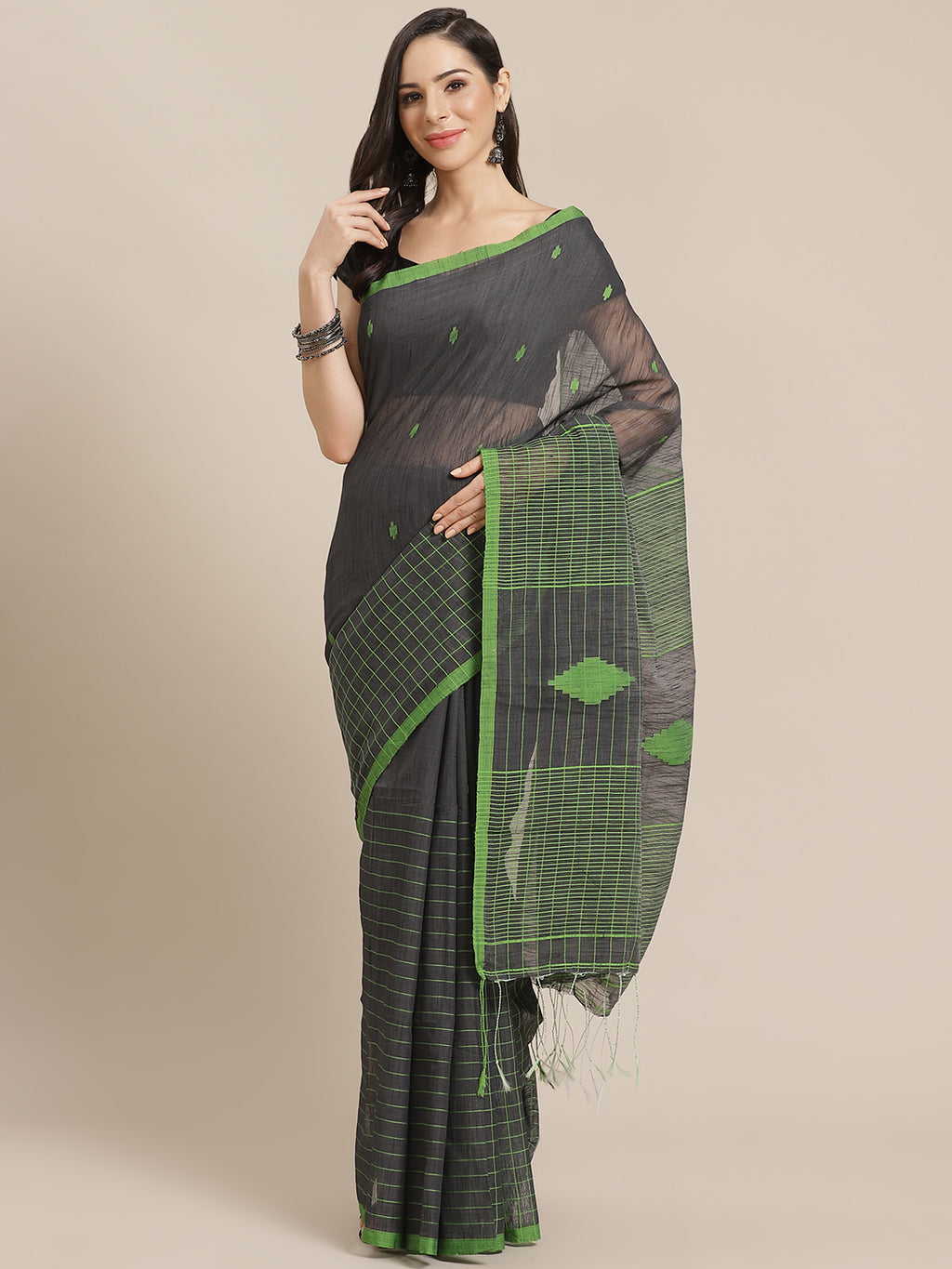 Grey and Green, Kalakari India Ikat Silk Cotton Woven Design Saree with Blouse SHBESA0033-Saree-Kalakari India-SHBESA0033-Bengal, Cotton, Geographical Indication, Hand Crafted, Heritage Prints, Ikkat, Natural Dyes, Red, Sarees, Sustainable Fabrics, Woven, Yellow-[Linen,Ethnic,wear,Fashionista,Handloom,Handicraft,Indigo,blockprint,block,print,Cotton,Chanderi,Blue, latest,classy,party,bollywood,trendy,summer,style,traditional,formal,elegant,unique,style,hand,block,print, dabu,booti,gift,present,gl