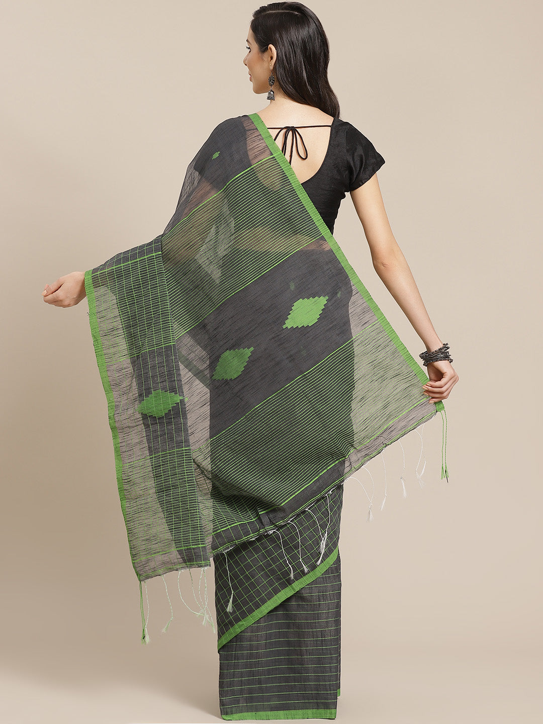 Grey and Green, Kalakari India Ikat Silk Cotton Woven Design Saree with Blouse SHBESA0033-Saree-Kalakari India-SHBESA0033-Bengal, Cotton, Geographical Indication, Hand Crafted, Heritage Prints, Ikkat, Natural Dyes, Red, Sarees, Sustainable Fabrics, Woven, Yellow-[Linen,Ethnic,wear,Fashionista,Handloom,Handicraft,Indigo,blockprint,block,print,Cotton,Chanderi,Blue, latest,classy,party,bollywood,trendy,summer,style,traditional,formal,elegant,unique,style,hand,block,print, dabu,booti,gift,present,gl