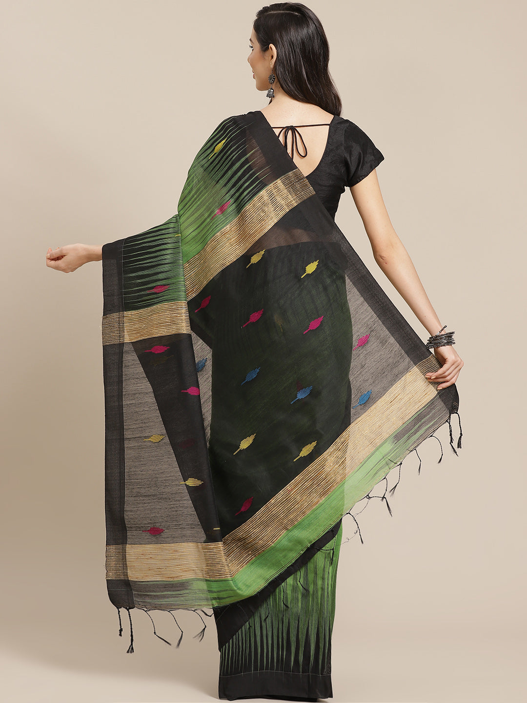 Green and Black, Kalakari India Ikat Silk Cotton Woven Design Saree with Blouse SHBESA0035-Saree-Kalakari India-SHBESA0035-Bengal, Cotton, Geographical Indication, Hand Crafted, Heritage Prints, Ikkat, Natural Dyes, Red, Sarees, Sustainable Fabrics, Woven, Yellow-[Linen,Ethnic,wear,Fashionista,Handloom,Handicraft,Indigo,blockprint,block,print,Cotton,Chanderi,Blue, latest,classy,party,bollywood,trendy,summer,style,traditional,formal,elegant,unique,style,hand,block,print, dabu,booti,gift,present,g