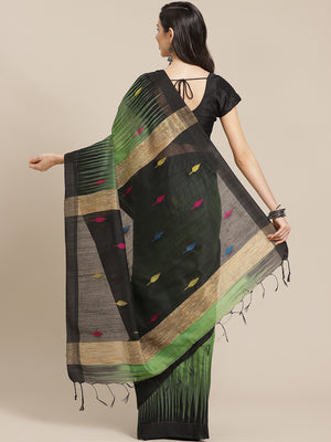 Green and Black, Kalakari India Ikat Silk Cotton Woven Design Saree with Blouse SHBESA0035-Saree-Kalakari India-SHBESA0035-Bengal, Cotton, Geographical Indication, Hand Crafted, Heritage Prints, Ikkat, Natural Dyes, Red, Sarees, Sustainable Fabrics, Woven, Yellow-[Linen,Ethnic,wear,Fashionista,Handloom,Handicraft,Indigo,blockprint,block,print,Cotton,Chanderi,Blue, latest,classy,party,bollywood,trendy,summer,style,traditional,formal,elegant,unique,style,hand,block,print, dabu,booti,gift,present,g