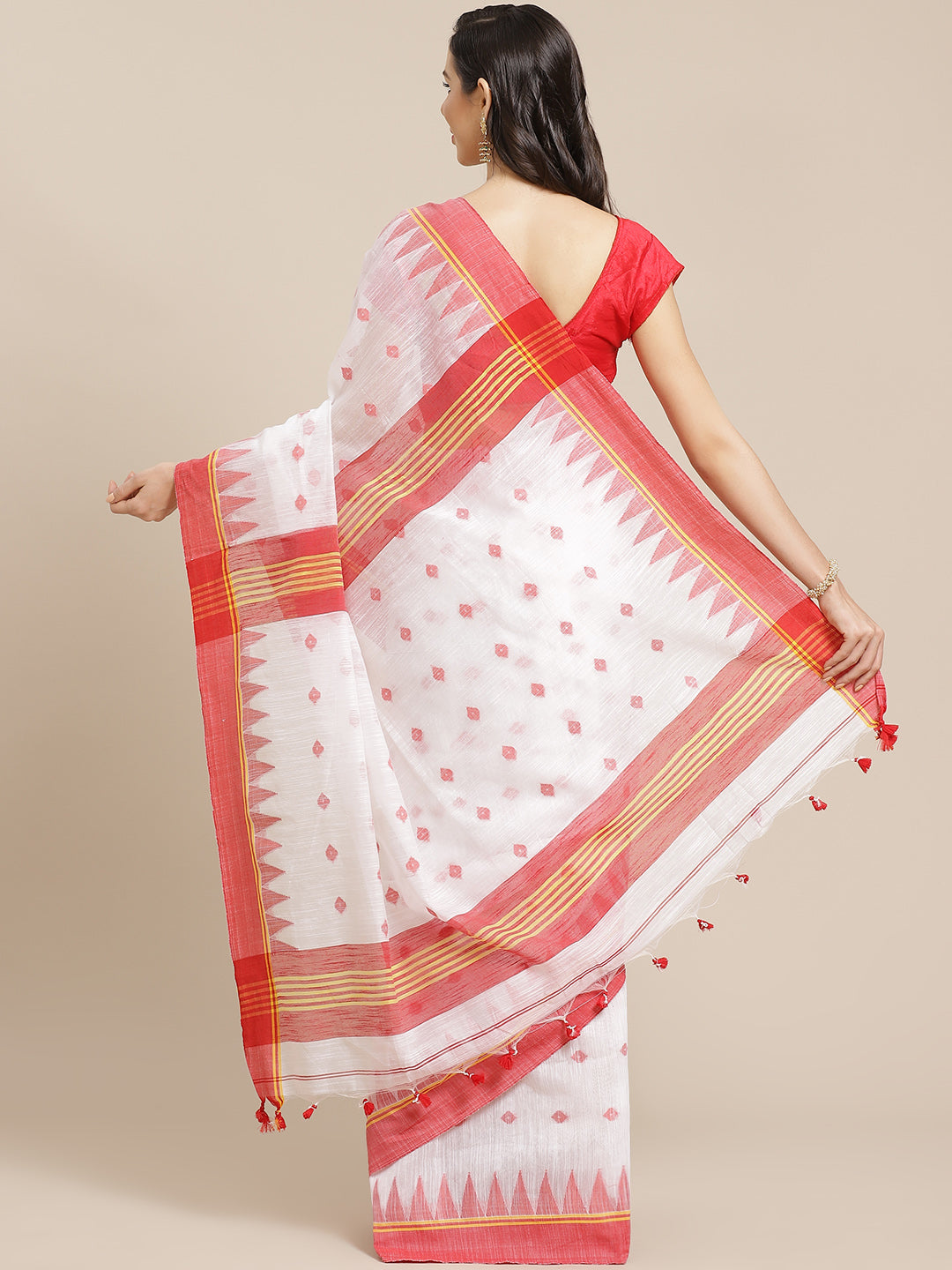 White and Red, Kalakari India Ikat Silk Cotton Woven Design Saree with Blouse SHBESA0036-Saree-Kalakari India-SHBESA0036-Bengal, Cotton, Geographical Indication, Hand Crafted, Heritage Prints, Ikkat, Natural Dyes, Red, Sarees, Sustainable Fabrics, Woven, Yellow-[Linen,Ethnic,wear,Fashionista,Handloom,Handicraft,Indigo,blockprint,block,print,Cotton,Chanderi,Blue, latest,classy,party,bollywood,trendy,summer,style,traditional,formal,elegant,unique,style,hand,block,print, dabu,booti,gift,present,gla