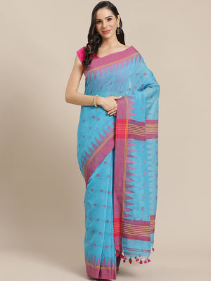Blue and Pink, Kalakari India Ikat Silk Cotton Woven Design Saree with Blouse SHBESA0037-Saree-Kalakari India-SHBESA0037-Bengal, Cotton, Geographical Indication, Hand Crafted, Heritage Prints, Ikkat, Natural Dyes, Red, Sarees, Sustainable Fabrics, Woven, Yellow-[Linen,Ethnic,wear,Fashionista,Handloom,Handicraft,Indigo,blockprint,block,print,Cotton,Chanderi,Blue, latest,classy,party,bollywood,trendy,summer,style,traditional,formal,elegant,unique,style,hand,block,print, dabu,booti,gift,present,gla