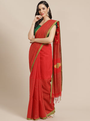 Red and Green, Kalakari India Ikat Silk Cotton Woven Design Saree with Blouse SHBESA0040-Saree-Kalakari India-SHBESA0040-Bengal, Cotton, Geographical Indication, Hand Crafted, Heritage Prints, Ikkat, Natural Dyes, Red, Sarees, Sustainable Fabrics, Woven, Yellow-[Linen,Ethnic,wear,Fashionista,Handloom,Handicraft,Indigo,blockprint,block,print,Cotton,Chanderi,Blue, latest,classy,party,bollywood,trendy,summer,style,traditional,formal,elegant,unique,style,hand,block,print, dabu,booti,gift,present,gla
