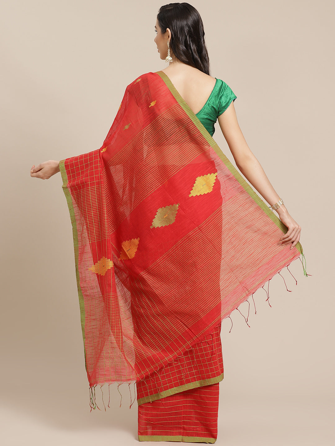 Red and Green, Kalakari India Ikat Silk Cotton Woven Design Saree with Blouse SHBESA0040-Saree-Kalakari India-SHBESA0040-Bengal, Cotton, Geographical Indication, Hand Crafted, Heritage Prints, Ikkat, Natural Dyes, Red, Sarees, Sustainable Fabrics, Woven, Yellow-[Linen,Ethnic,wear,Fashionista,Handloom,Handicraft,Indigo,blockprint,block,print,Cotton,Chanderi,Blue, latest,classy,party,bollywood,trendy,summer,style,traditional,formal,elegant,unique,style,hand,block,print, dabu,booti,gift,present,gla