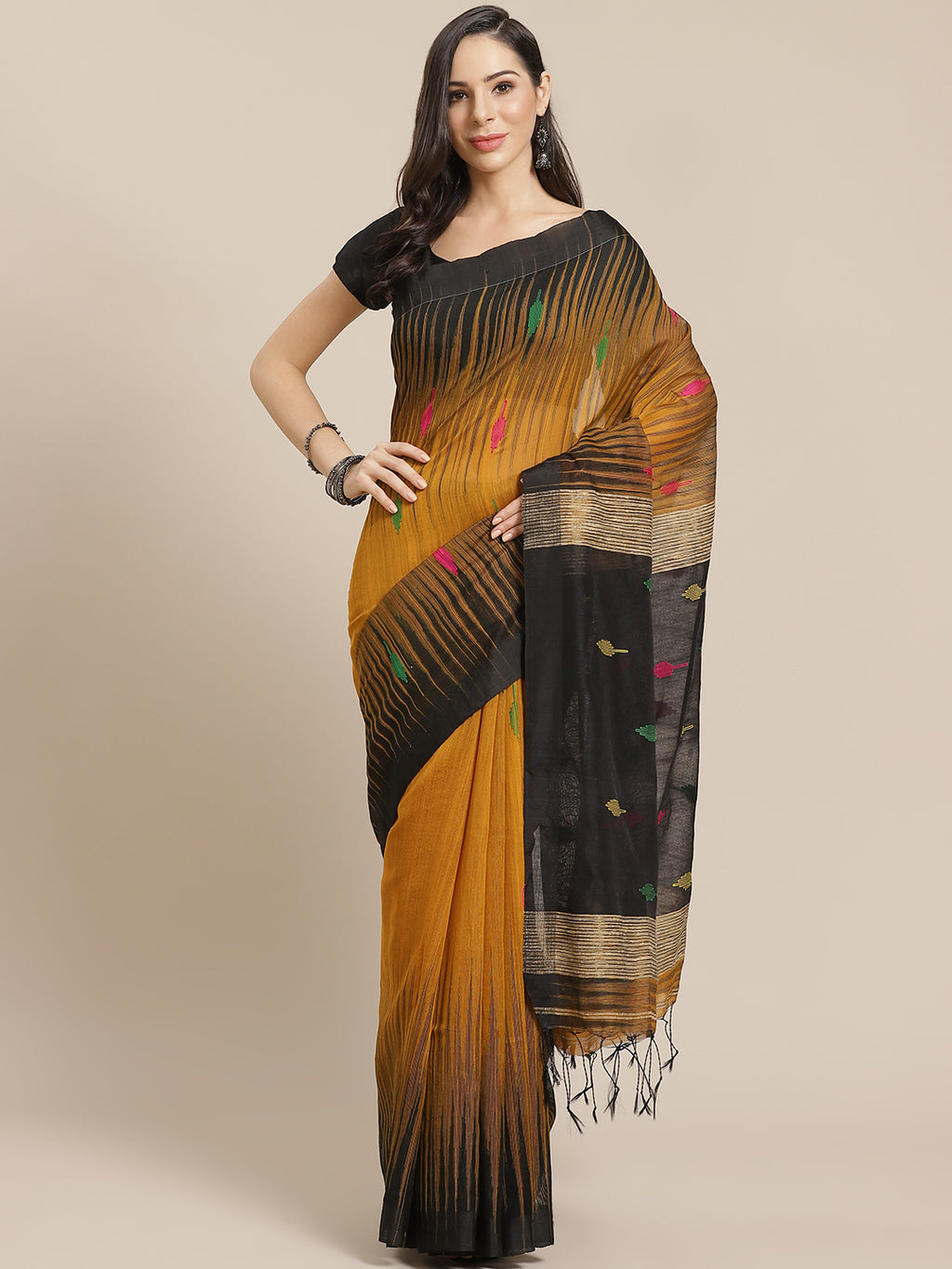 Mustard and Black, Kalakari India Ikat Silk Cotton Woven Design Saree with Blouse SHBESA0041-Saree-Kalakari India-SHBESA0041-Bengal, Cotton, Geographical Indication, Hand Crafted, Heritage Prints, Ikkat, Natural Dyes, Red, Sarees, Sustainable Fabrics, Woven, Yellow-[Linen,Ethnic,wear,Fashionista,Handloom,Handicraft,Indigo,blockprint,block,print,Cotton,Chanderi,Blue, latest,classy,party,bollywood,trendy,summer,style,traditional,formal,elegant,unique,style,hand,block,print, dabu,booti,gift,present