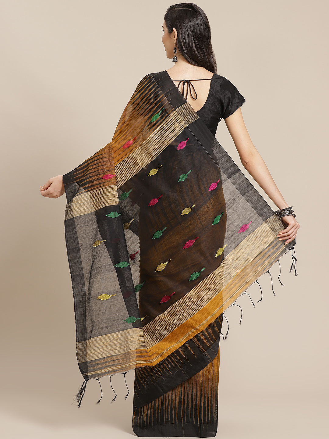 Mustard and Black, Kalakari India Ikat Silk Cotton Woven Design Saree with Blouse SHBESA0041-Saree-Kalakari India-SHBESA0041-Bengal, Cotton, Geographical Indication, Hand Crafted, Heritage Prints, Ikkat, Natural Dyes, Red, Sarees, Sustainable Fabrics, Woven, Yellow-[Linen,Ethnic,wear,Fashionista,Handloom,Handicraft,Indigo,blockprint,block,print,Cotton,Chanderi,Blue, latest,classy,party,bollywood,trendy,summer,style,traditional,formal,elegant,unique,style,hand,block,print, dabu,booti,gift,present