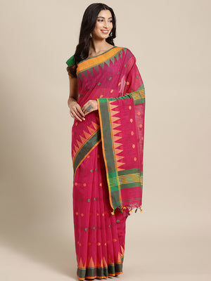 Pink and Green, Kalakari India Ikat Silk Cotton Woven Design Saree with Blouse SHBESA0042-Saree-Kalakari India-SHBESA0042-Bengal, Cotton, Geographical Indication, Hand Crafted, Heritage Prints, Ikkat, Natural Dyes, Red, Sarees, Sustainable Fabrics, Woven, Yellow-[Linen,Ethnic,wear,Fashionista,Handloom,Handicraft,Indigo,blockprint,block,print,Cotton,Chanderi,Blue, latest,classy,party,bollywood,trendy,summer,style,traditional,formal,elegant,unique,style,hand,block,print, dabu,booti,gift,present,gl