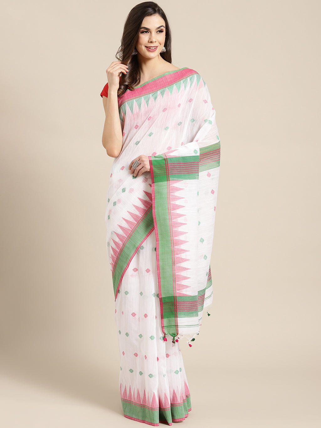 White and Green, Kalakari India Ikat Silk Cotton Woven Design Saree with Blouse SHBESA0044-Saree-Kalakari India-SHBESA0044-Bengal, Cotton, Geographical Indication, Hand Crafted, Heritage Prints, Ikkat, Natural Dyes, Red, Sarees, Sustainable Fabrics, Woven, Yellow-[Linen,Ethnic,wear,Fashionista,Handloom,Handicraft,Indigo,blockprint,block,print,Cotton,Chanderi,Blue, latest,classy,party,bollywood,trendy,summer,style,traditional,formal,elegant,unique,style,hand,block,print, dabu,booti,gift,present,g