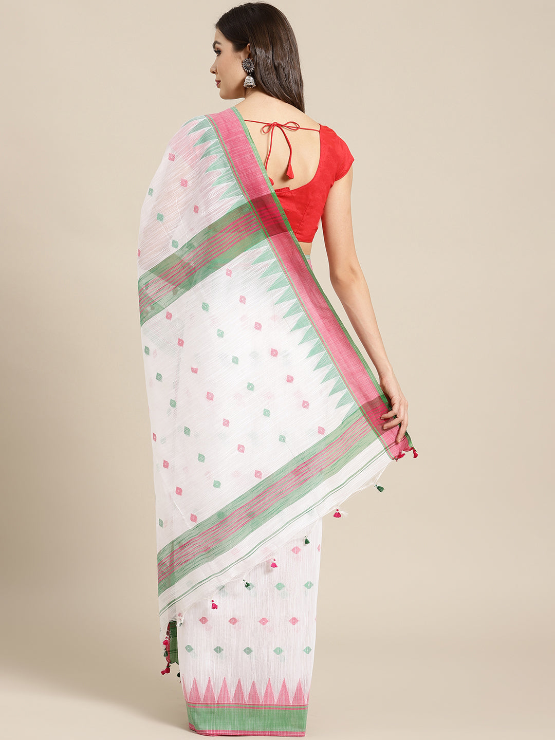 White and Green, Kalakari India Ikat Silk Cotton Woven Design Saree with Blouse SHBESA0044-Saree-Kalakari India-SHBESA0044-Bengal, Cotton, Geographical Indication, Hand Crafted, Heritage Prints, Ikkat, Natural Dyes, Red, Sarees, Sustainable Fabrics, Woven, Yellow-[Linen,Ethnic,wear,Fashionista,Handloom,Handicraft,Indigo,blockprint,block,print,Cotton,Chanderi,Blue, latest,classy,party,bollywood,trendy,summer,style,traditional,formal,elegant,unique,style,hand,block,print, dabu,booti,gift,present,g
