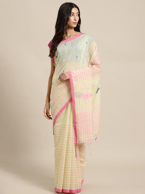 Cream and Pink, Kalakari India Ikat Silk Cotton Woven Design Saree with Blouse SHBESA0045-Saree-Kalakari India-SHBESA0045-Bengal, Cotton, Geographical Indication, Hand Crafted, Heritage Prints, Ikkat, Natural Dyes, Red, Sarees, Sustainable Fabrics, Woven, Yellow-[Linen,Ethnic,wear,Fashionista,Handloom,Handicraft,Indigo,blockprint,block,print,Cotton,Chanderi,Blue, latest,classy,party,bollywood,trendy,summer,style,traditional,formal,elegant,unique,style,hand,block,print, dabu,booti,gift,present,gl