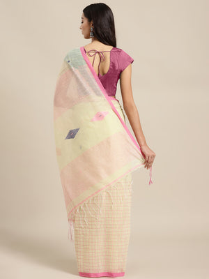 Cream and Pink, Kalakari India Ikat Silk Cotton Woven Design Saree with Blouse SHBESA0045-Saree-Kalakari India-SHBESA0045-Bengal, Cotton, Geographical Indication, Hand Crafted, Heritage Prints, Ikkat, Natural Dyes, Red, Sarees, Sustainable Fabrics, Woven, Yellow-[Linen,Ethnic,wear,Fashionista,Handloom,Handicraft,Indigo,blockprint,block,print,Cotton,Chanderi,Blue, latest,classy,party,bollywood,trendy,summer,style,traditional,formal,elegant,unique,style,hand,block,print, dabu,booti,gift,present,gl