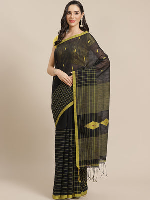 Black and Yellow, Kalakari India Ikat Silk Cotton Woven Design Saree with Blouse SHBESA0046-Saree-Kalakari India-SHBESA0046-Bengal, Cotton, Geographical Indication, Hand Crafted, Heritage Prints, Ikkat, Natural Dyes, Red, Sarees, Sustainable Fabrics, Woven, Yellow-[Linen,Ethnic,wear,Fashionista,Handloom,Handicraft,Indigo,blockprint,block,print,Cotton,Chanderi,Blue, latest,classy,party,bollywood,trendy,summer,style,traditional,formal,elegant,unique,style,hand,block,print, dabu,booti,gift,present,