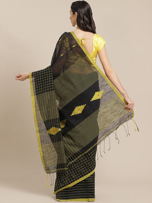 Black and Yellow, Kalakari India Ikat Silk Cotton Woven Design Saree with Blouse SHBESA0046-Saree-Kalakari India-SHBESA0046-Bengal, Cotton, Geographical Indication, Hand Crafted, Heritage Prints, Ikkat, Natural Dyes, Red, Sarees, Sustainable Fabrics, Woven, Yellow-[Linen,Ethnic,wear,Fashionista,Handloom,Handicraft,Indigo,blockprint,block,print,Cotton,Chanderi,Blue, latest,classy,party,bollywood,trendy,summer,style,traditional,formal,elegant,unique,style,hand,block,print, dabu,booti,gift,present,