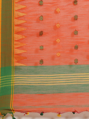 Orange and Green, Kalakari India Ikat Silk Cotton Woven Design Saree with Blouse SHBESA0048-Saree-Kalakari India-SHBESA0048-Bengal, Cotton, Geographical Indication, Hand Crafted, Heritage Prints, Ikkat, Natural Dyes, Red, Sarees, Sustainable Fabrics, Woven, Yellow-[Linen,Ethnic,wear,Fashionista,Handloom,Handicraft,Indigo,blockprint,block,print,Cotton,Chanderi,Blue, latest,classy,party,bollywood,trendy,summer,style,traditional,formal,elegant,unique,style,hand,block,print, dabu,booti,gift,present,