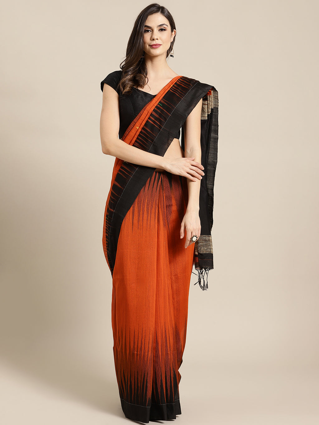 Orange and , Kalakari India Ikat Silk Cotton Woven Design Saree with Blouse SHBESA0049-Saree-Kalakari India-SHBESA0049-Bengal, Cotton, Geographical Indication, Hand Crafted, Heritage Prints, Ikkat, Natural Dyes, Red, Sarees, Sustainable Fabrics, Woven, Yellow-[Linen,Ethnic,wear,Fashionista,Handloom,Handicraft,Indigo,blockprint,block,print,Cotton,Chanderi,Blue, latest,classy,party,bollywood,trendy,summer,style,traditional,formal,elegant,unique,style,hand,block,print, dabu,booti,gift,present,glamo