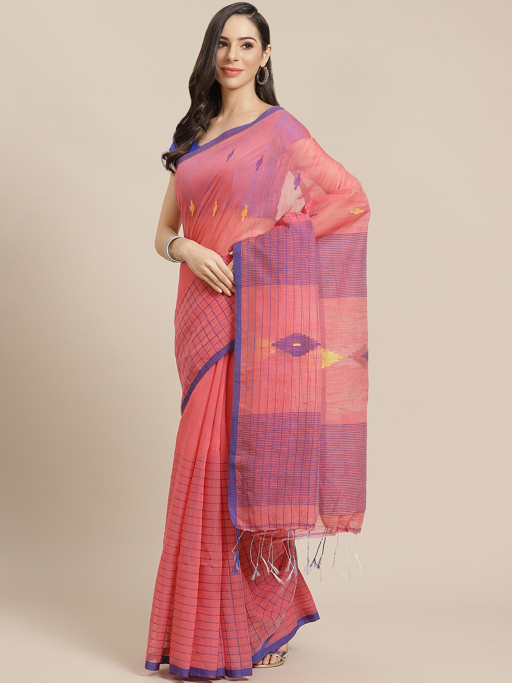 Pink and Purple, Kalakari India Ikat Silk Cotton Woven Design Saree with Blouse SHBESA0050-Saree-Kalakari India-SHBESA0050-Bengal, Cotton, Geographical Indication, Hand Crafted, Heritage Prints, Ikkat, Natural Dyes, Red, Sarees, Sustainable Fabrics, Woven, Yellow-[Linen,Ethnic,wear,Fashionista,Handloom,Handicraft,Indigo,blockprint,block,print,Cotton,Chanderi,Blue, latest,classy,party,bollywood,trendy,summer,style,traditional,formal,elegant,unique,style,hand,block,print, dabu,booti,gift,present,g