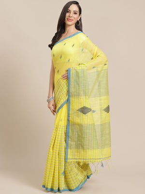 Yellow and Blue, Kalakari India Ikat Silk Cotton Woven Design Saree with Blouse SHBESA0052-Saree-Kalakari India-SHBESA0052-Bengal, Cotton, Geographical Indication, Hand Crafted, Heritage Prints, Ikkat, Natural Dyes, Red, Sarees, Sustainable Fabrics, Woven, Yellow-[Linen,Ethnic,wear,Fashionista,Handloom,Handicraft,Indigo,blockprint,block,print,Cotton,Chanderi,Blue, latest,classy,party,bollywood,trendy,summer,style,traditional,formal,elegant,unique,style,hand,block,print, dabu,booti,gift,present,g