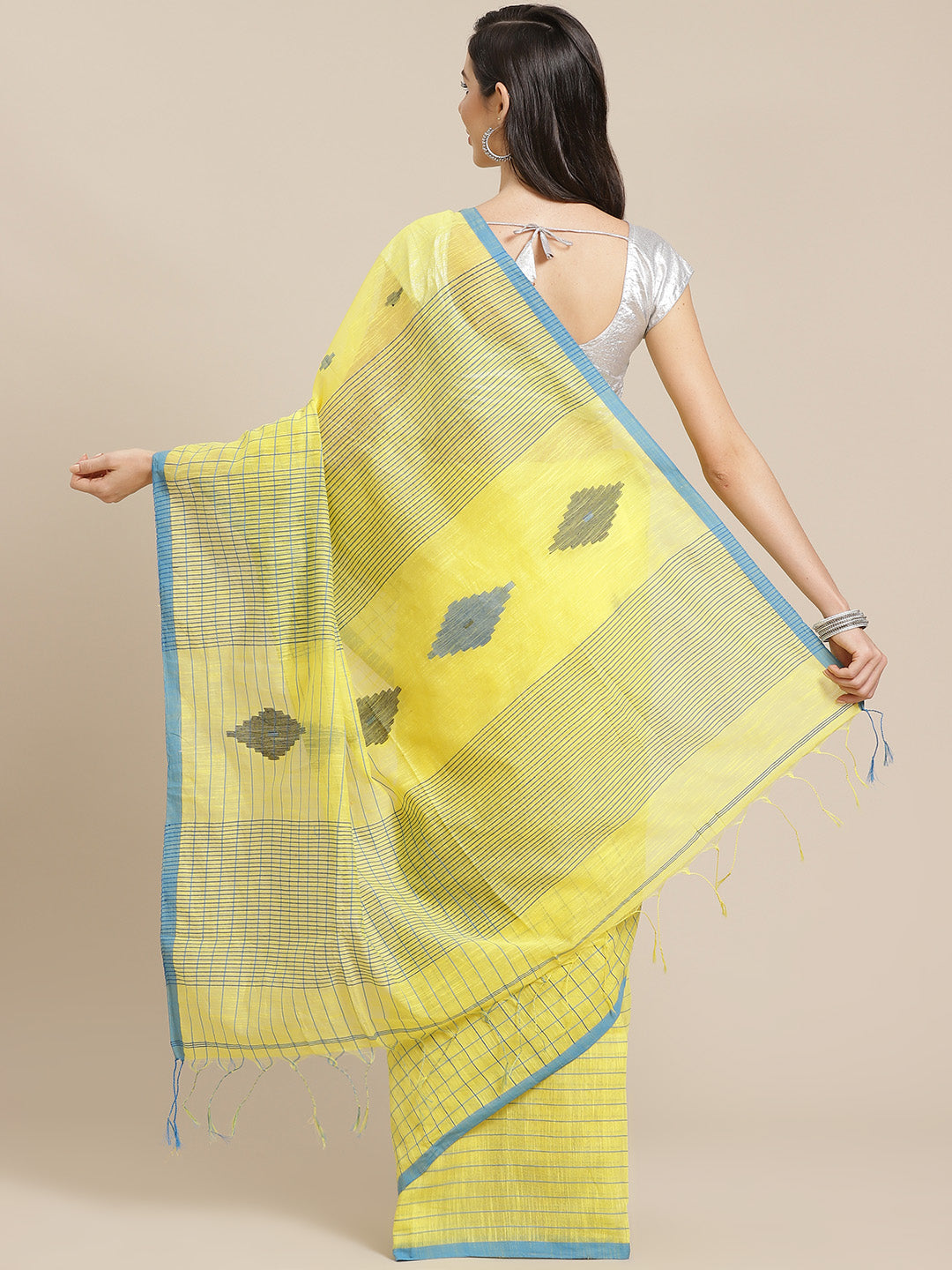 Yellow and Blue, Kalakari India Ikat Silk Cotton Woven Design Saree with Blouse SHBESA0052-Saree-Kalakari India-SHBESA0052-Bengal, Cotton, Geographical Indication, Hand Crafted, Heritage Prints, Ikkat, Natural Dyes, Red, Sarees, Sustainable Fabrics, Woven, Yellow-[Linen,Ethnic,wear,Fashionista,Handloom,Handicraft,Indigo,blockprint,block,print,Cotton,Chanderi,Blue, latest,classy,party,bollywood,trendy,summer,style,traditional,formal,elegant,unique,style,hand,block,print, dabu,booti,gift,present,g