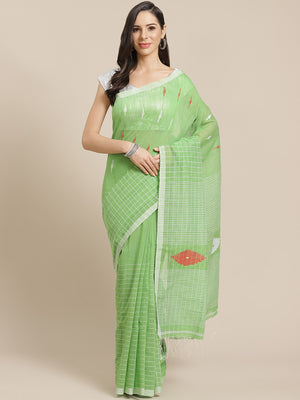 Green and White, Kalakari India Ikat Silk Cotton Woven Design Saree with Blouse SHBESA0054-Saree-Kalakari India-SHBESA0054-Bengal, Cotton, Geographical Indication, Hand Crafted, Heritage Prints, Ikkat, Natural Dyes, Red, Sarees, Sustainable Fabrics, Woven, Yellow-[Linen,Ethnic,wear,Fashionista,Handloom,Handicraft,Indigo,blockprint,block,print,Cotton,Chanderi,Blue, latest,classy,party,bollywood,trendy,summer,style,traditional,formal,elegant,unique,style,hand,block,print, dabu,booti,gift,present,g